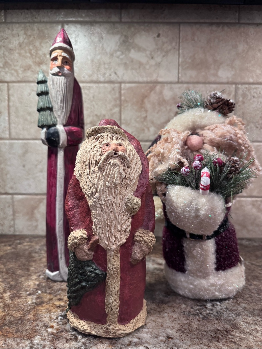 Santa Claus Figurines Lot of 3 Rustic Christmas Decor Burgundy Old World Delton